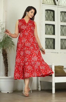 RD Fab Women Floral Print, Embroidered Anarkali Kurta(Red)