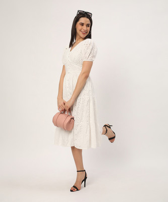 R&B Women A-line White Midi/Calf Length Dress