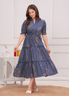 Shopaxis Women Fit and Flare Dark Blue Midi/Calf Length Dress