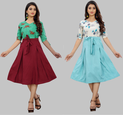 Modli 20 Fashion Women Fit and Flare Multicolor Below Knee Dress