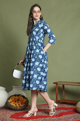 Wonder Weave Women A-line Blue Midi/Calf Length Dress