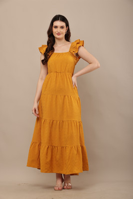 CLOTHINK India Women Gathered Yellow Maxi/Full Length Dress