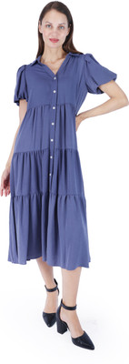 Fuegobella Women Tiered Blue Midi/Calf Length Dress