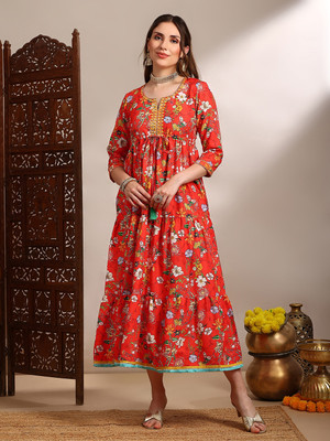 Globus Women Fit and Flare Orange Midi/Calf Length Dress