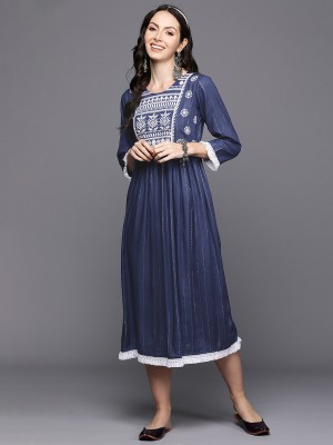 Indo Era Women Fit and Flare Blue Dress