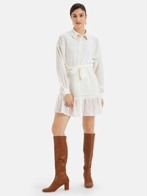 KAZO Women Fit and Flare White Above Knee/Mid Thigh Length Dress