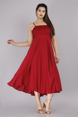 SHRIVASTRAM Women Fit and Flare Red Midi/Calf Length Dress