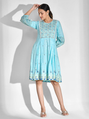 mokshi Women Fit and Flare Blue, Gold, Dark Blue Knee Length Dress