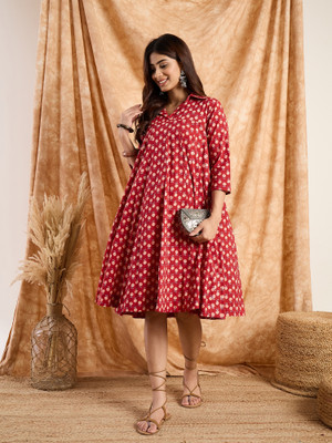 InWeave Women Fit and Flare Red Midi/Calf Length Dress