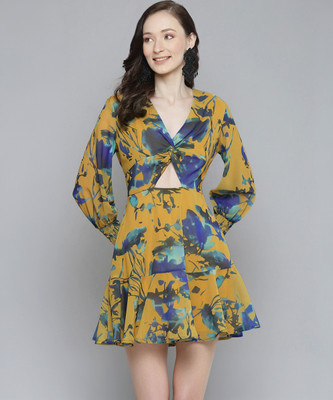 SASSAFRAS Women Fit and Flare Yellow Mini/Short Dress
