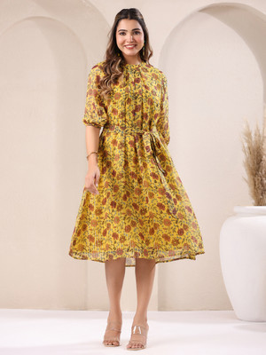 Janasya Women A-line Yellow Midi/Calf Length Dress