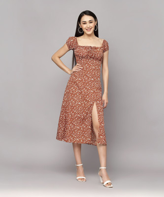 AAYU Women A-line Beige, Brown Midi/Calf Length Dress