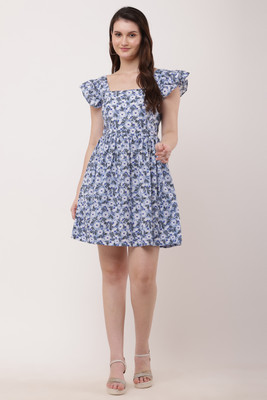 KM KAMAR MINHAZ Women A-line Blue Above Knee/Mid Thigh Length Dress