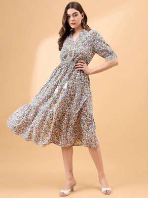 all about you Women A-line Multicolor Midi/Calf Length Dress