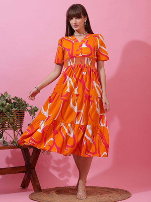 Honky Tonky Women Fit and Flare Orange Midi/Calf Length Dress