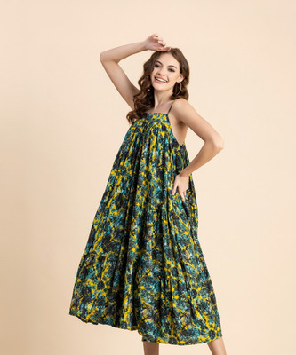 moomaya Women Tiered Multicolor Midi/Calf Length Dress