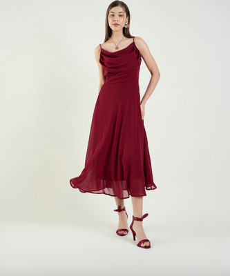 AAYU Women Fit and Flare Maroon Midi/Calf Length Dress