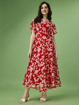 Fashion2wear Women Fit and Flare Red, Pink Maxi/Full Length Dress