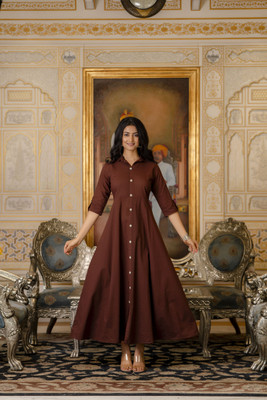 Nayo Women Solid A-line Kurta(Brown)