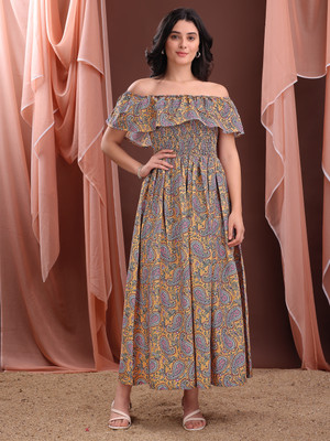 PURVAJA Women Ruffled Multicolor Midi/Calf Length Dress
