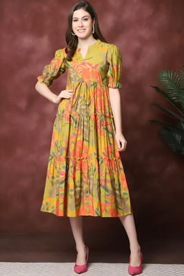 ZWERLON Women A-line Multicolor Midi/Calf Length Dress