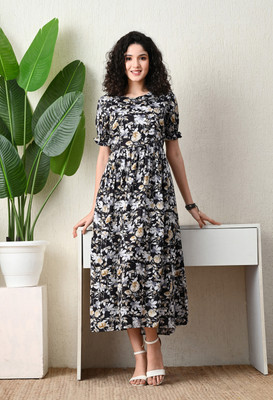 ichaa Women Fit and Flare Black, Grey Midi/Calf Length Dress