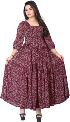 REYANS Women A-line Maroon Maxi/Full Length Dress