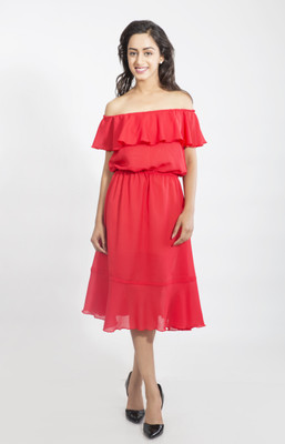 Delis Women Fit and Flare Red Midi/Calf Length Dress