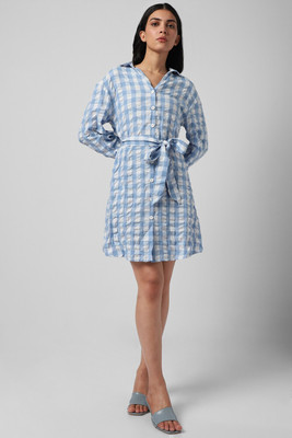 VAN HEUSEN Women A-line Light Blue, White Above Knee/Mid Thigh Length Dress