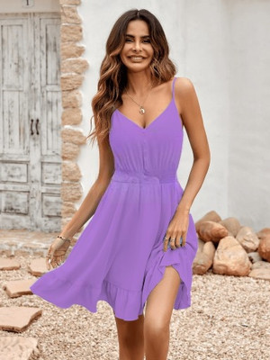 Hiba Women Fit and Flare Purple Above Knee/Mid Thigh Length Dress
