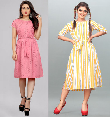 Hiral Creation Women Fit and Flare Pink Below Knee Dress