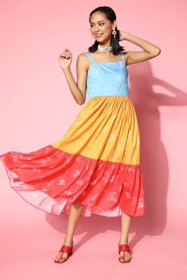kvsfab Women A-line Multicolor Midi/Calf Length Dress
