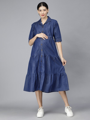 Nightspree Women Fit and Flare Dark Blue Midi/Calf Length Dress
