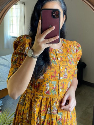 Assamica Women Fit and Flare Yellow Midi/Calf Length Dress
