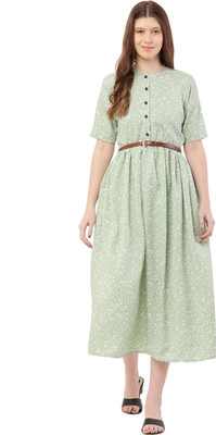 Mamnoon Women Fit and Flare Green Midi/Calf Length Dress