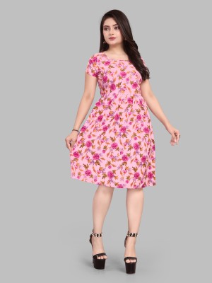 Om Creation Women Fit and Flare Pink Dress