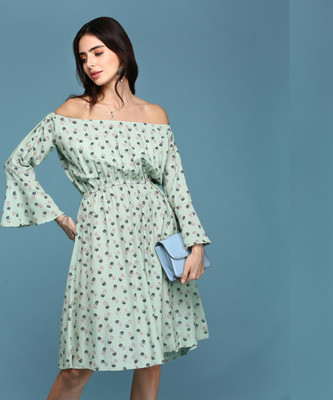 SHOWOFFFF Women A-line Green Knee Length Dress
