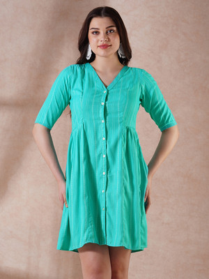 Globus Women Fit and Flare Blue Above Knee/Mid Thigh Length Dress