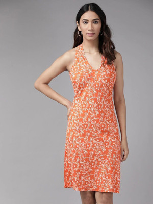 Yash Gallery Women A-line Orange Knee Length Dress