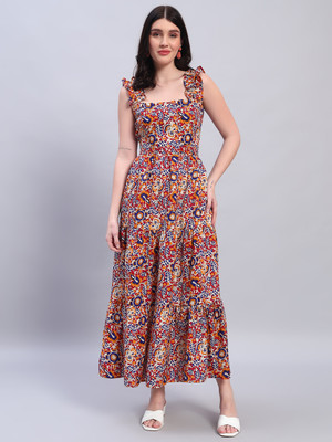 ROSEMELON Women A-line Orange, Blue Maxi/Full Length Dress