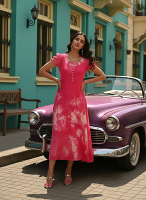 maaesa Women Fit and Flare Pink Midi/Calf Length Dress