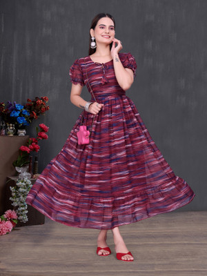 LADY SHOPI Women Fit and Flare Maroon Midi/Calf Length Dress