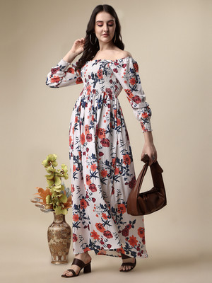 Honky Tonky Women Fit and Flare Blue, Orange, White Maxi/Full Length Dress