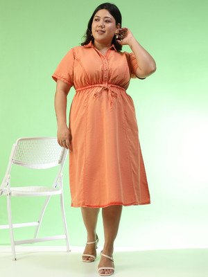 OXOLLOXO Women Fit and Flare Orange Below Knee Dress