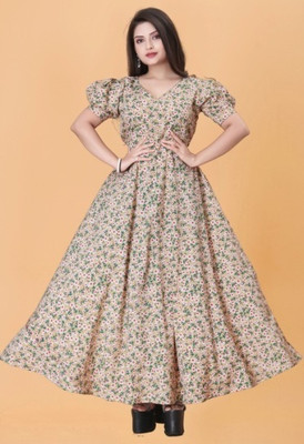 QUEUEE CREATION Women Fit and Flare Beige, Green Maxi/Full Length Dress