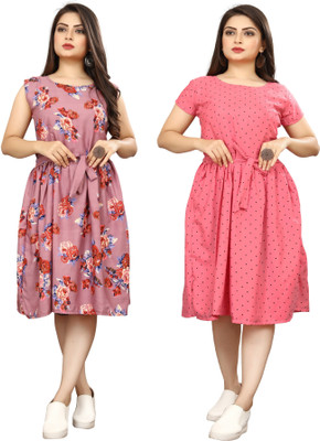 HouseOfCommon Women Fit and Flare Pink Knee Length Dress