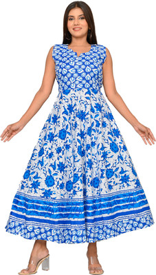 DADUDAYAL EXPORT Women Gown Blue, White Midi/Calf Length Dress