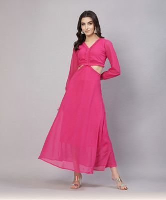AAYU Women Fit and Flare Pink Maxi/Full Length Dress