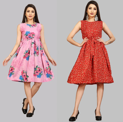 maruti fab Women Fit and Flare Pink, Red Knee Length Dress