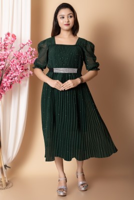 SS Fashion Women Fit and Flare Green Dress